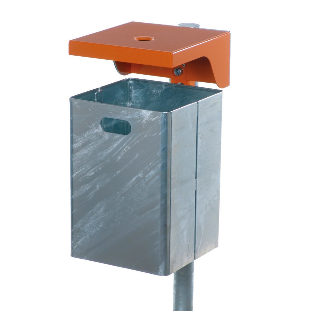 Abfallbehälter mit Schutzdach und Ascher, Stahlblech, 40 Liter, Höhe 580 mm, Wand- oder Pfostenmontage