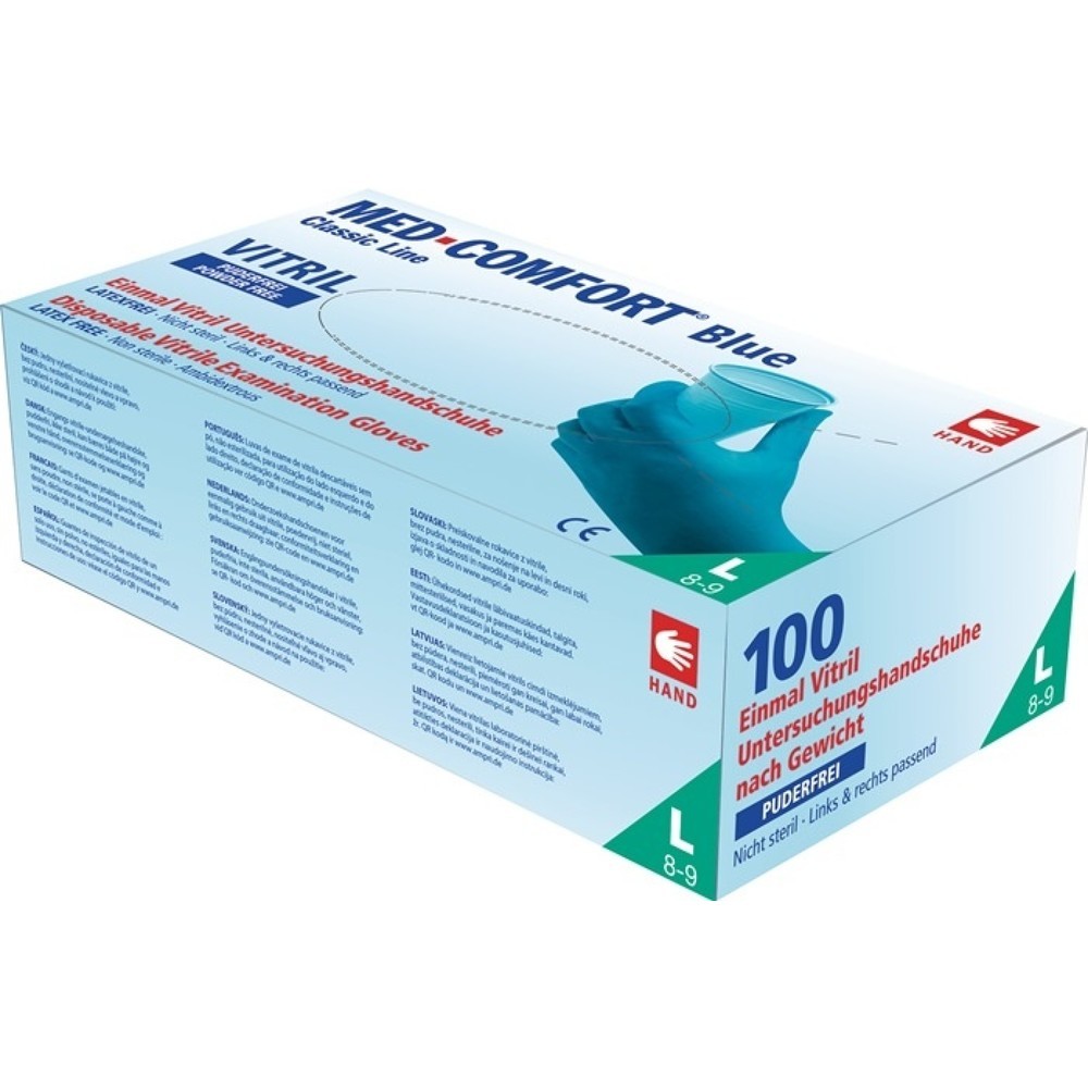 AMPRI Einweghandschuh Med Comfort Blue Vitril, Vinyl-Nitril Gemisch, Größe L blau, 100 Stück / Box, EN 420, EN 374, EN 455 PSA-Kategorie III