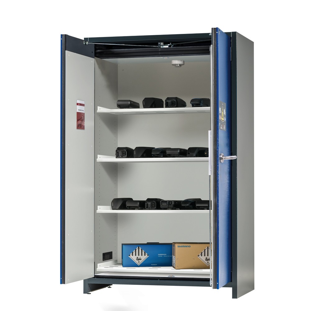 asecos® Sicherheitsschrank Typ 90 für Lithium-Ionen-Batterien ION-CORE-STORE, HxBxT 1953x1193x615 mm, 4x gelochte Fachböden, 1x Bodenauffangwanne