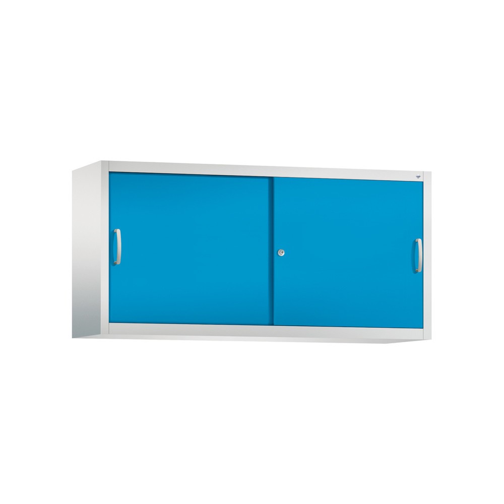 Aufsatzschrank für C+P Werkstatt-Schiebetürenschrank, 2 Fachböden, HxBxT 790 x 1.600 x 400 mm, Trennwand, lichtgrau, lichtblau