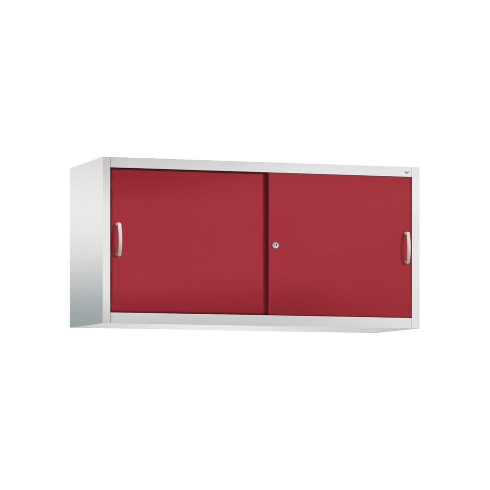 Aufsatzschrank für C+P Werkstatt-Schiebetürenschrank, 2 Fachböden, HxBxT 790 x 1.600 x 500 mm, Trennwand, lichtgrau, rubinrot