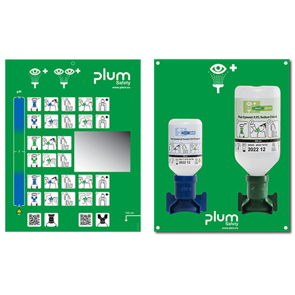 B-Safety Augenspülstation plum Notfallstation mit Spiegel, Natriumchloridlösung 500 ml, Phosphatpufferlösung 200 ml