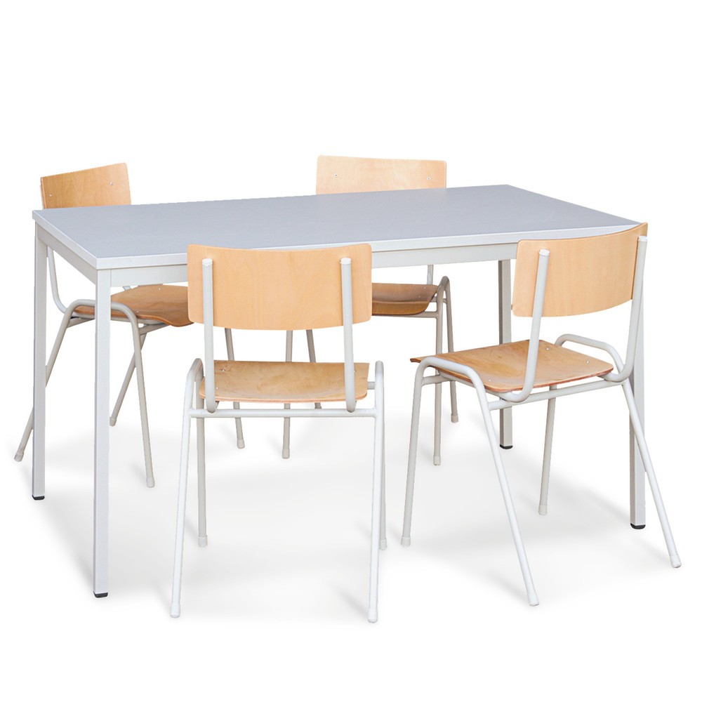 BASIC Sitzgruppe mit Stahlrohrtisch, Tisch BxT 1.200 x 800 mm + 4 Stühle, lichtgrau