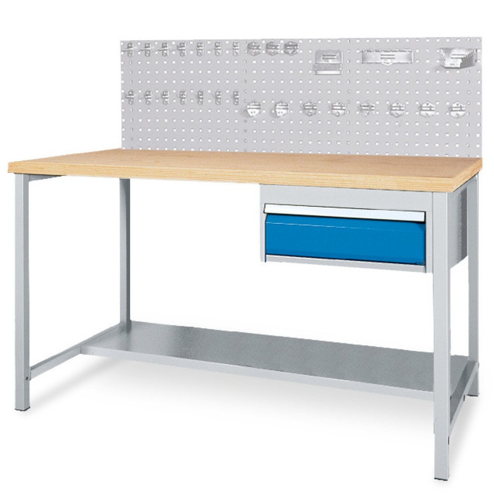 Produktabbildung: Bedrunka+Hirth Komplett-Set Werktisch mit Schublade + Lochplattenrückwand + Hakensortiment, HxBxT 1.310 x 1.500 x 750 mm