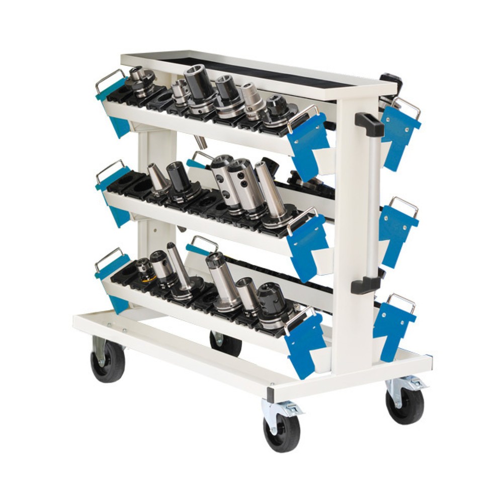 Bedrunka+Hirth Werkzeugwagen für CNC-Werkzeuge, mit 6 Werkzeugaufnahmeträgern, lichtgrau, lichtblau, HxBxT 950 x 560 x 930 mm
