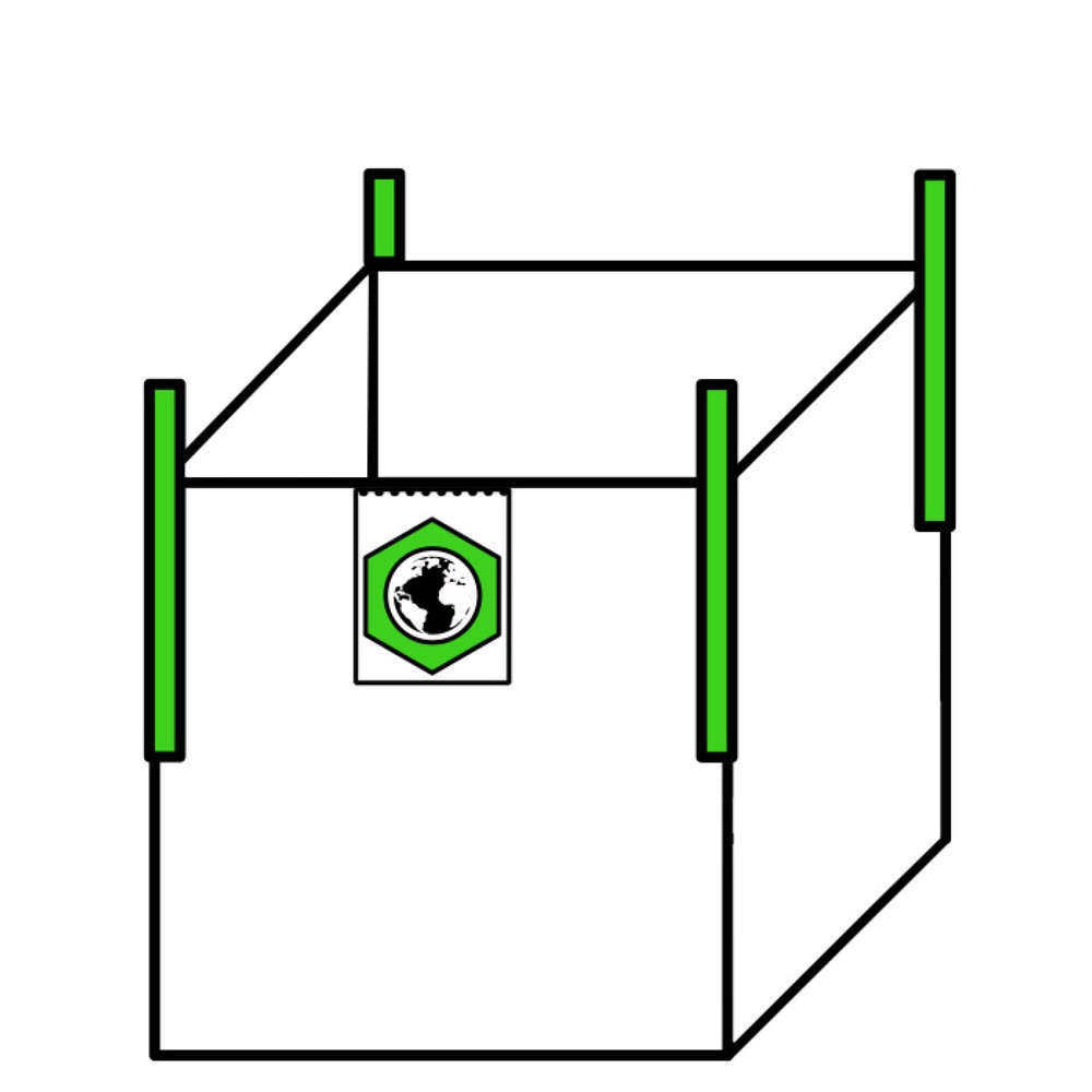 Produktabbildung: Big Bag Transportsack, 4 Hebeschlaufen, oben offen, unbeschichtet, TK 1.000 kg, LxBxH 900 x 900 x 900 mm, 2-seitiger Aufdruck, 300 Stk/VE