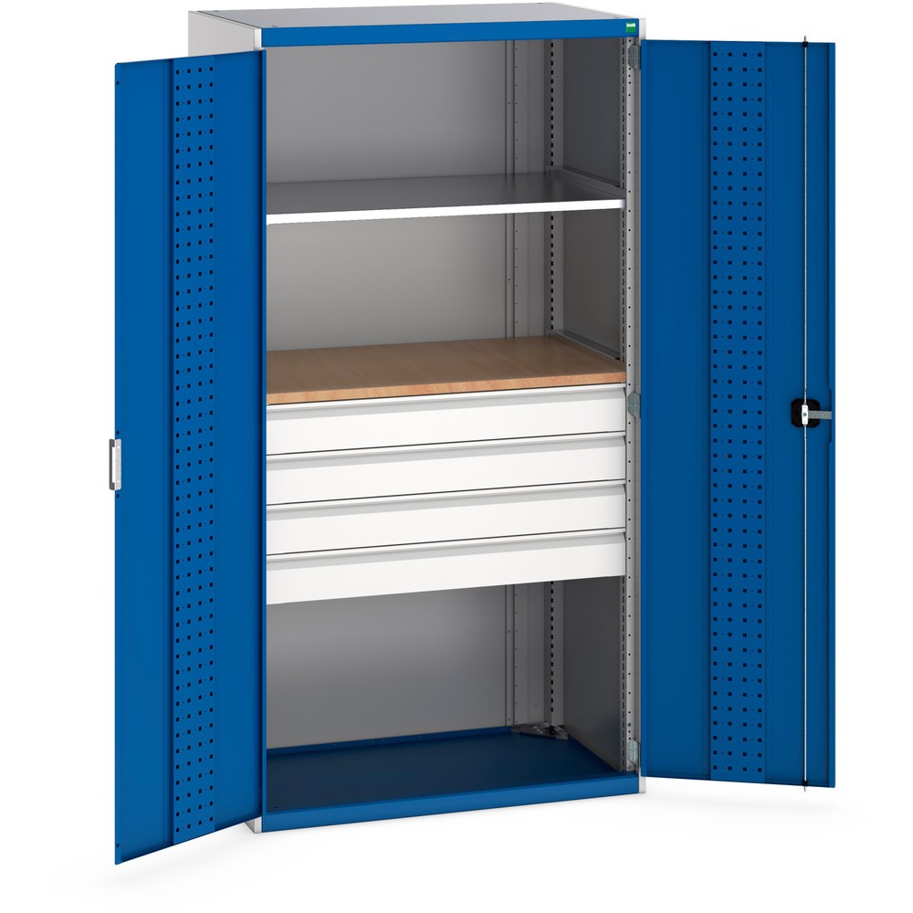 bott cubio System-Flügeltürschrank mit 1 Fachboden, 4 Schubladen, 1 Einlegeplatte, HxBxT 2.000 x 1.050 x 650 mm, enzianblau