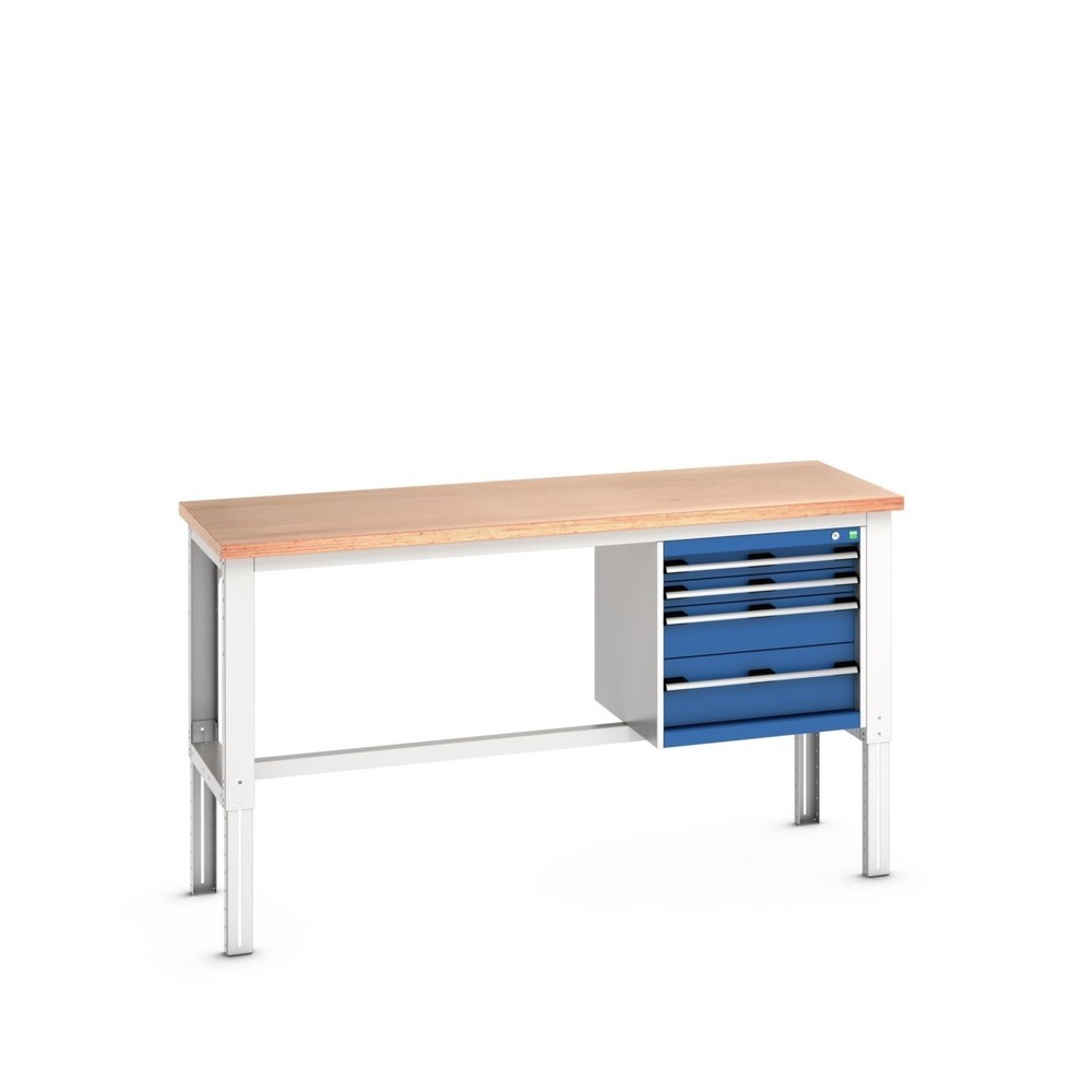 bott cubio Systemwerkbank mit 4 Schubladen, HxBxT 740–1.140 × 2.000 × 750 mm, Arbeitsplatte Buche, enzianblau