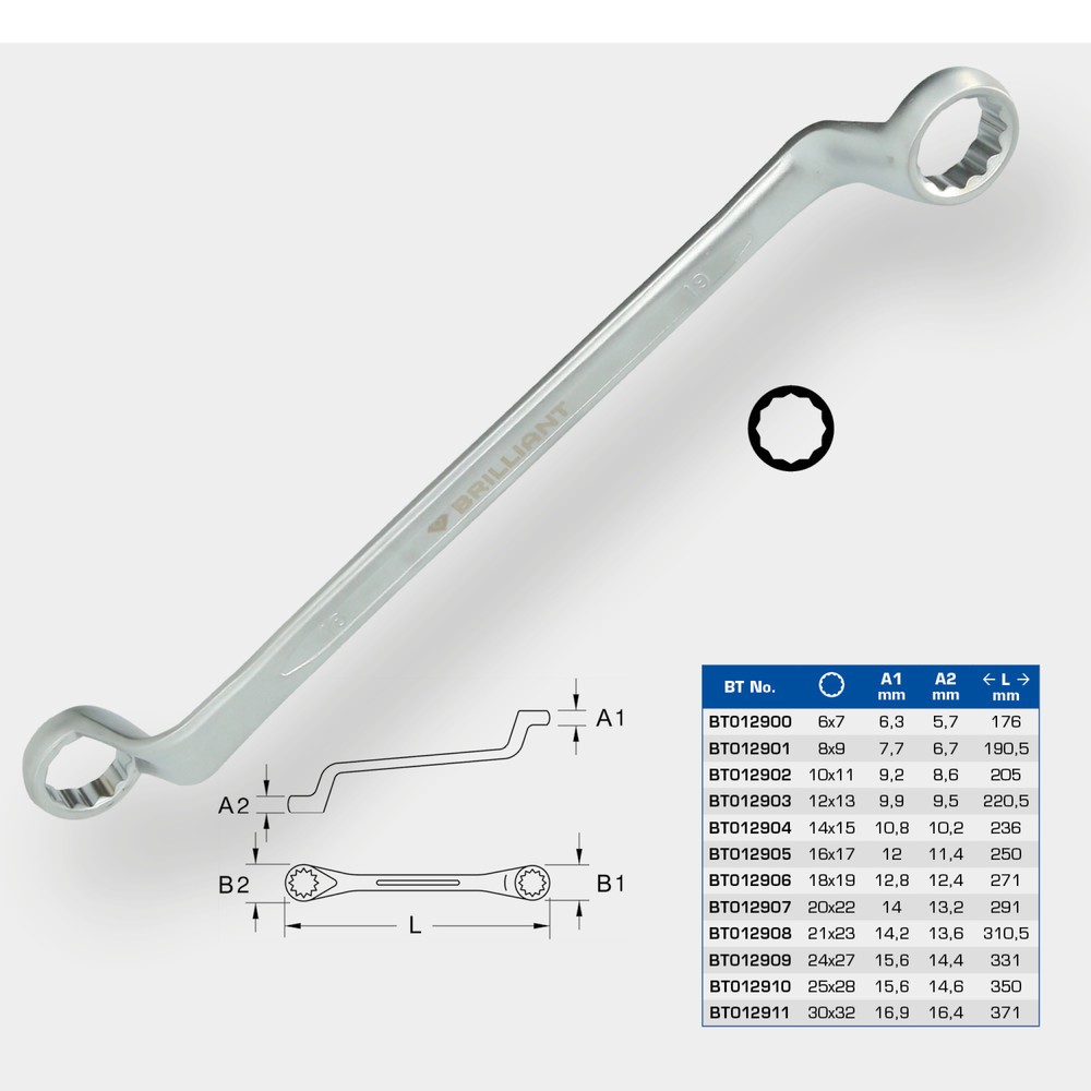 Produktabbildung Nr. 12: BRILLIANT TOOLS Doppel-Ringschlüssel, gekröpft, 30 x 32 mm