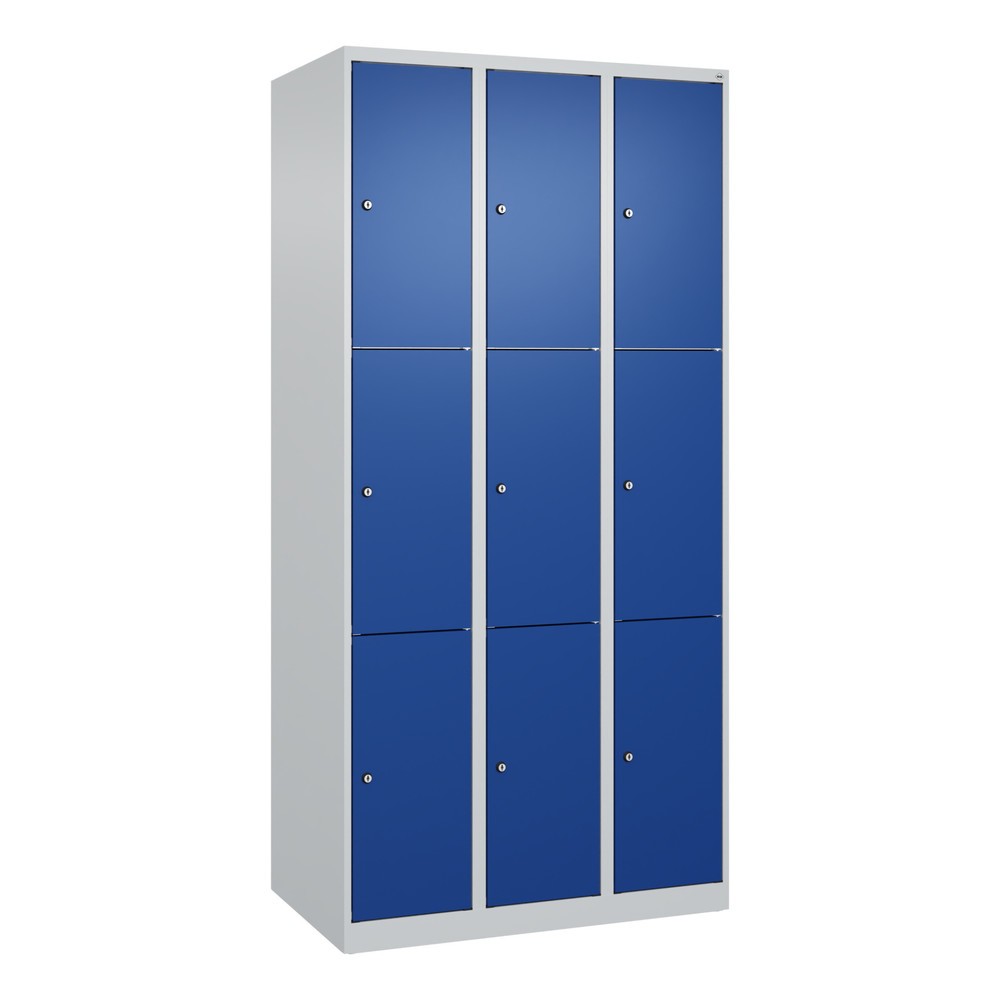 C+P Schließfachschrank Classic PLUS, 3 Abteile, HxBxT 1.850 x 900 x 500 mm, lichtgrau, enzianblau, 9 Fächer, Zylinderschloss