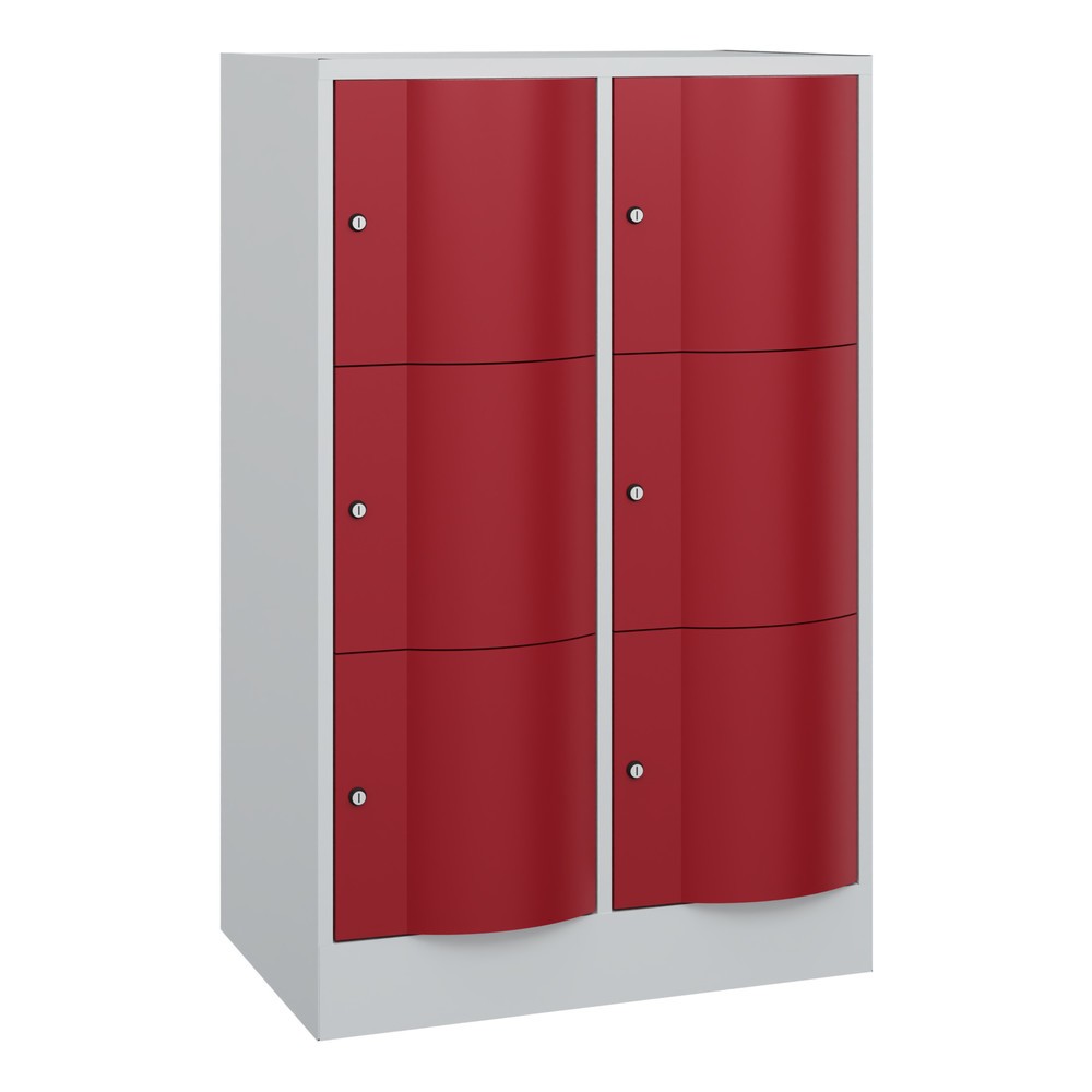 C+P Schließfachschrank mit "rabaukensicheren" Türen, 2 x 3 Fächer, HxBxT 1.225 x 770 x 540 mm, lichtgrau, rubinrot