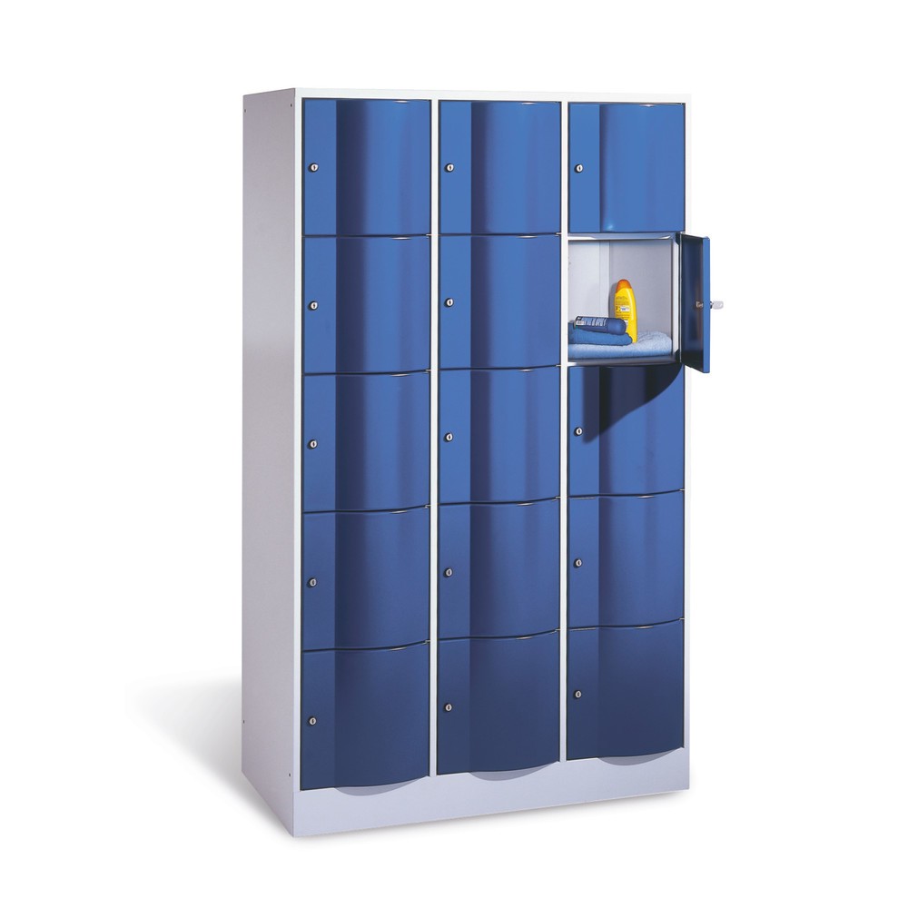 C+P Schließfachschrank mit "rabaukensicheren" Türen, 3 x 3 Fächer, HxBxT 1.225 x 1.150 x 540 mm, lichtgrau, enzianblau