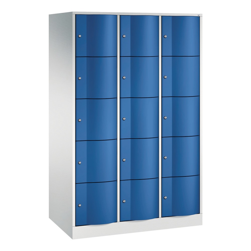 C+P Schließfachschrank mit 'rabaukensicheren' Türen, 3 x 5 Fächer, HxBxT 1.950 x 1.150 x 640 mm, lichtgrau, enzianblau