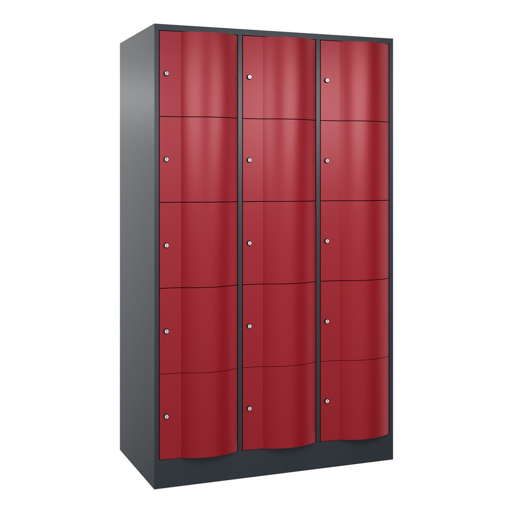 C+P Schließfachschrank mit 'rabaukensicheren' Türen, 3 x 5 Fächer, HxBxT 1.950 x 1.150 x 640 mm, anthrazitgrau, rubinrot