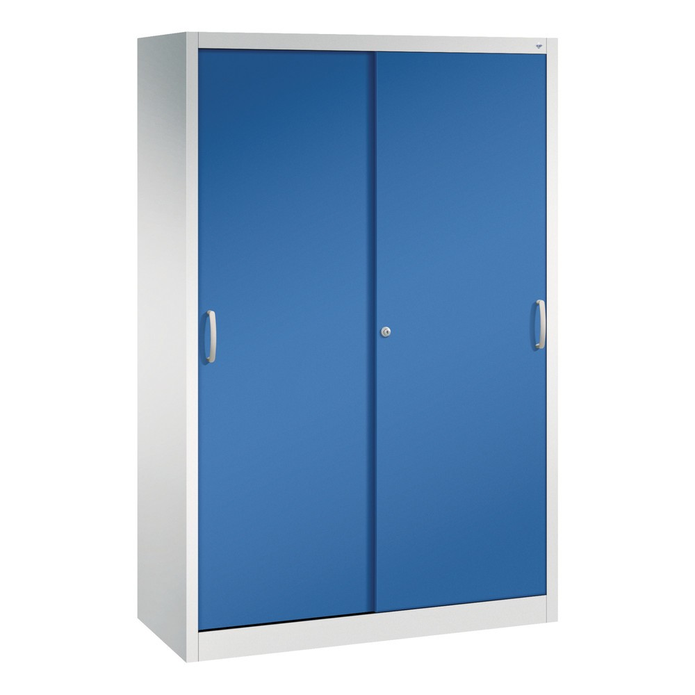 C+P Schwerlast-Schiebetürenschrank, HxBxT 1.950 x 1.200 x 500 mm, 4 Fachböden, lichtgrau, enzianblau