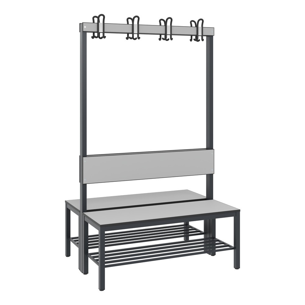 C+P Umkleidesitzbank Basic Plus, Länge 1.000 mm, doppelseitig, mit Rückenlehne, 2x4 Doppelhaken, inkl. Schuhrost, schwarzgrau/silbergrau