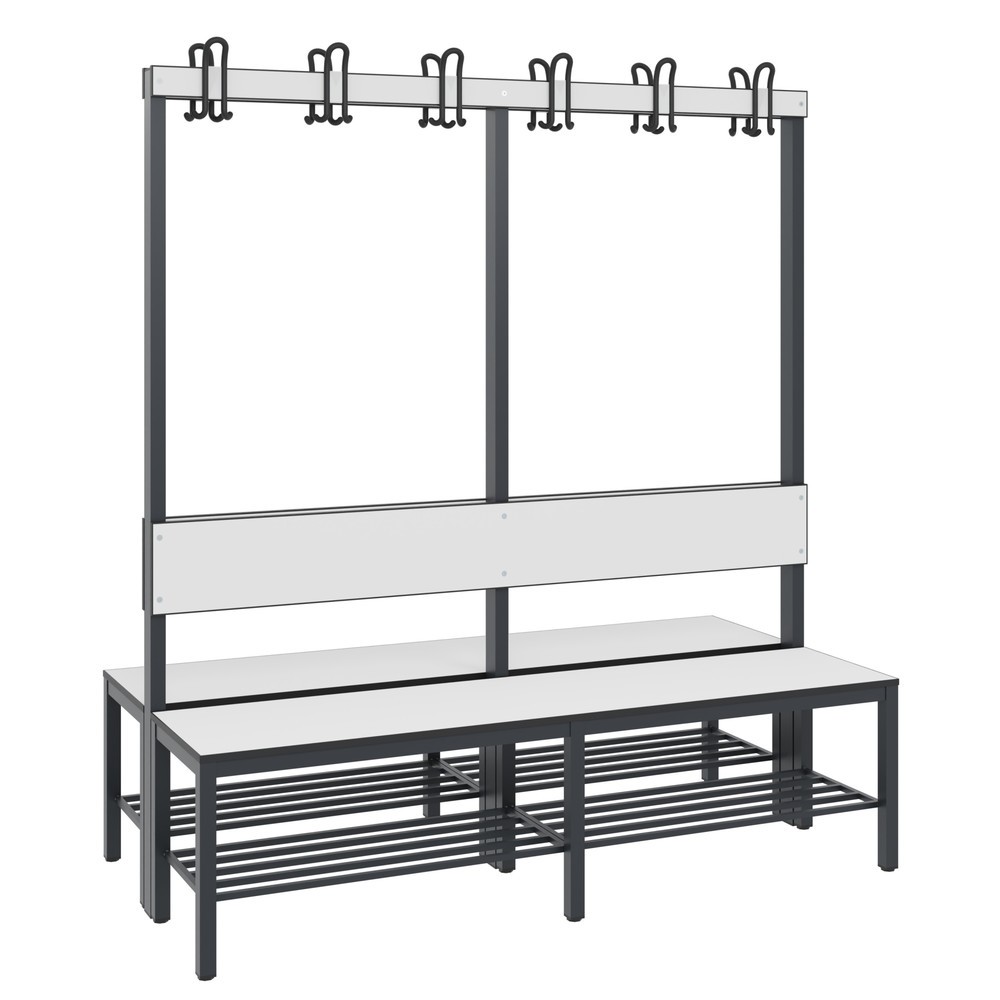 C+P Umkleidesitzbank Basic Plus, Länge 1.500 mm, doppelseitig, mit Rückenlehne, 2x6 Doppelhaken, inkl. Schuhrost, schwarzgrau/weiß