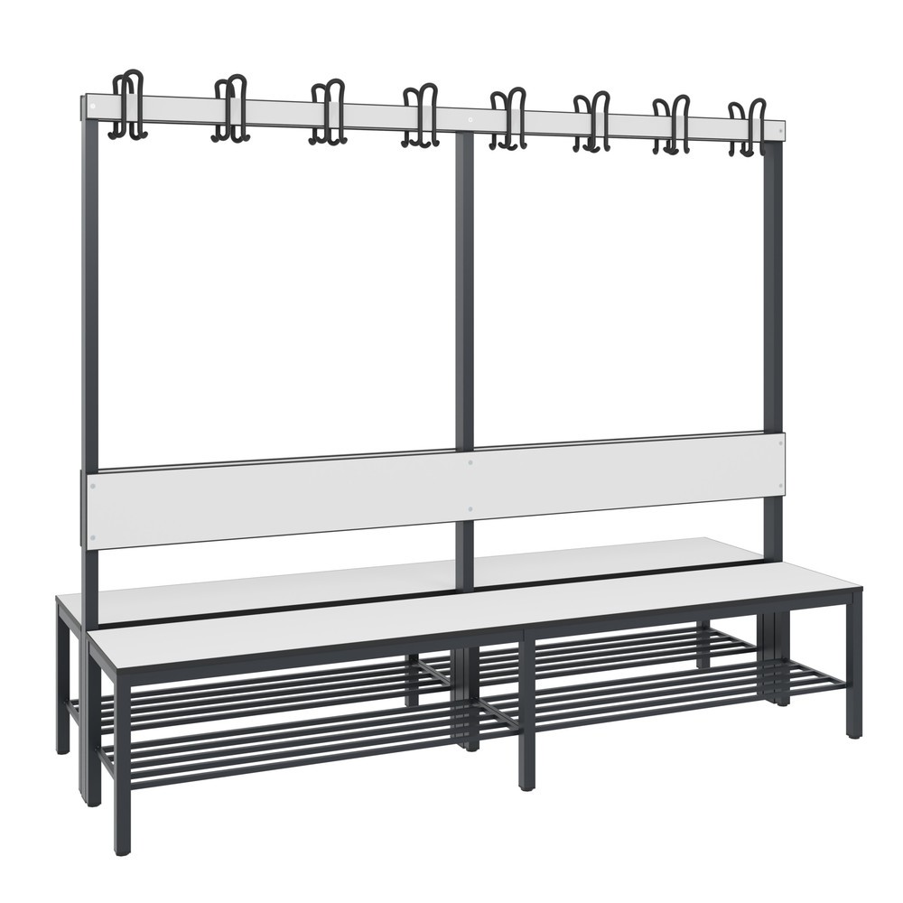 C+P Umkleidesitzbank Basic Plus, Länge 1.960 mm, doppelseitig, mit Rückenlehne, 2x8 Doppelhaken, inkl. Schuhrost, schwarzgrau/weiß