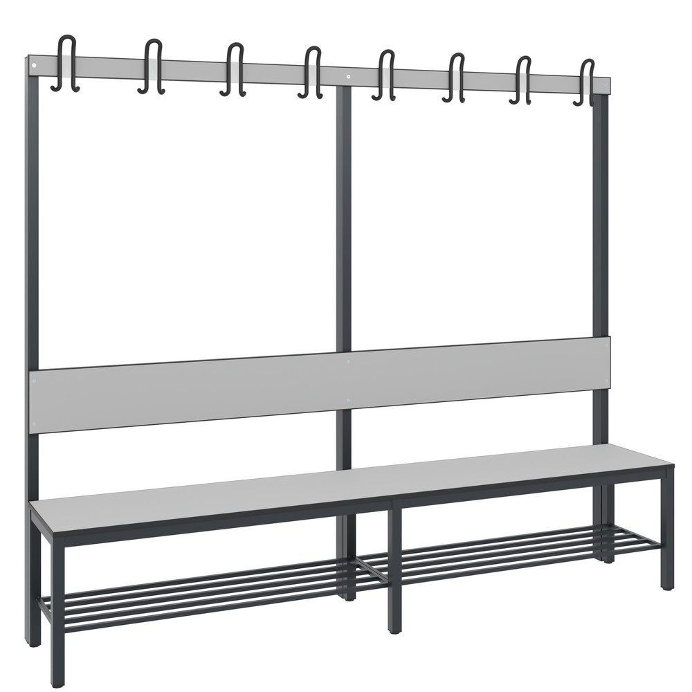 C+P Umkleidesitzbank Basic Plus, Länge 1.960 mm, einseitig, mit Rückenlehne, 8 Doppelhaken, inkl. Schuhrost, schwarzgrau/silbergrau