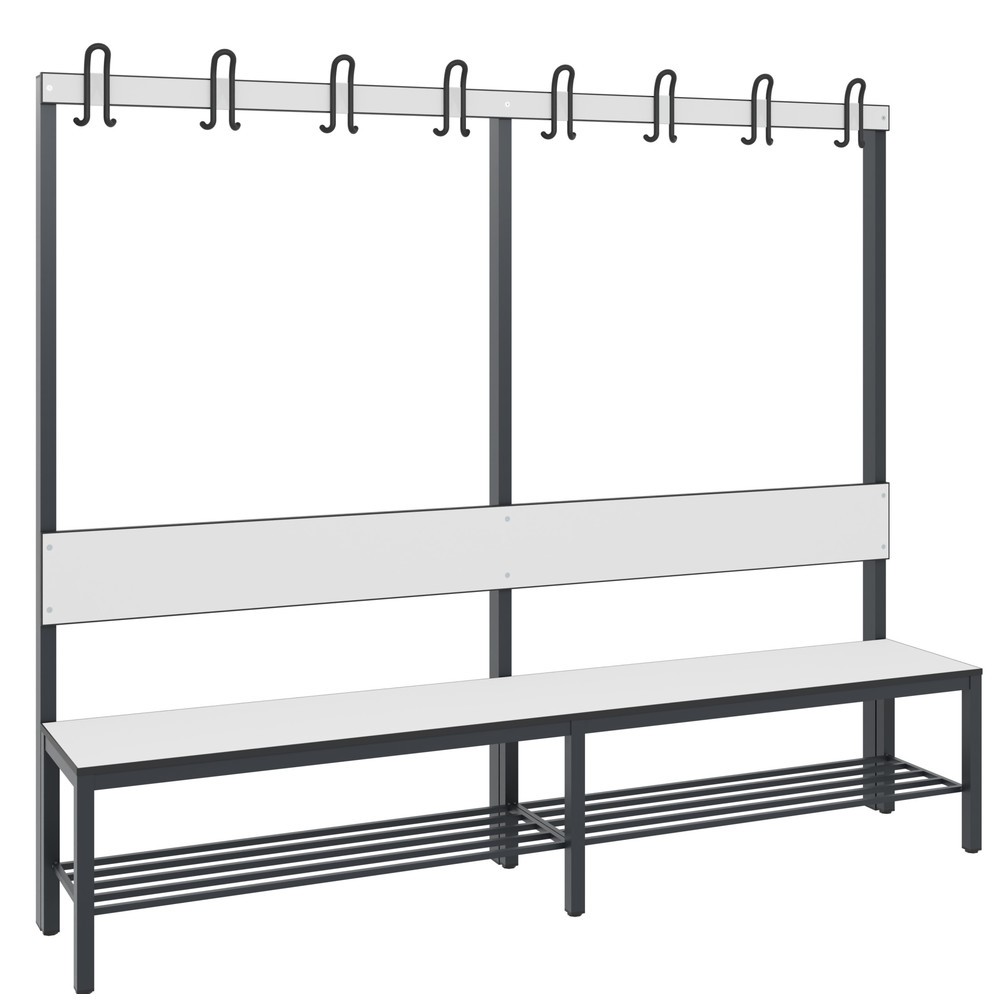 C+P Umkleidesitzbank Basic Plus, Länge 1.960 mm, einseitig, mit Rückenlehne, 8 Doppelhaken, inkl. Schuhrost, schwarzgrau/weiß