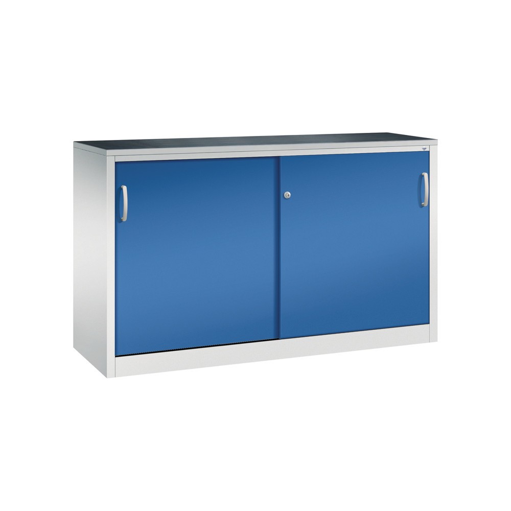 C+P Werkstatt-Beistellschrank mit 2 Fachböden, HxBxT 1.000 x 1.600 x 500 mm, Trennwand, lichtgrau, enzianblau