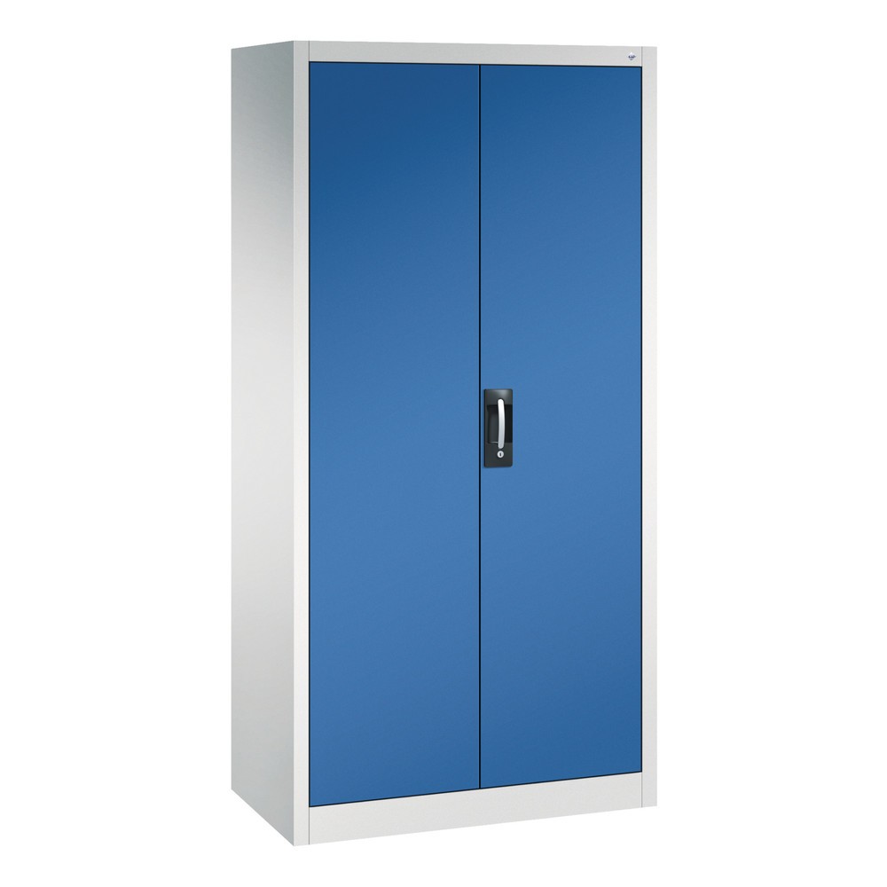 C+P Werkstatt-Flügeltürschrank mit Mittelwand + 8 Fachböden, HxBxT 1.950 x 930 x 500 mm, lichtgrau, enzianblau