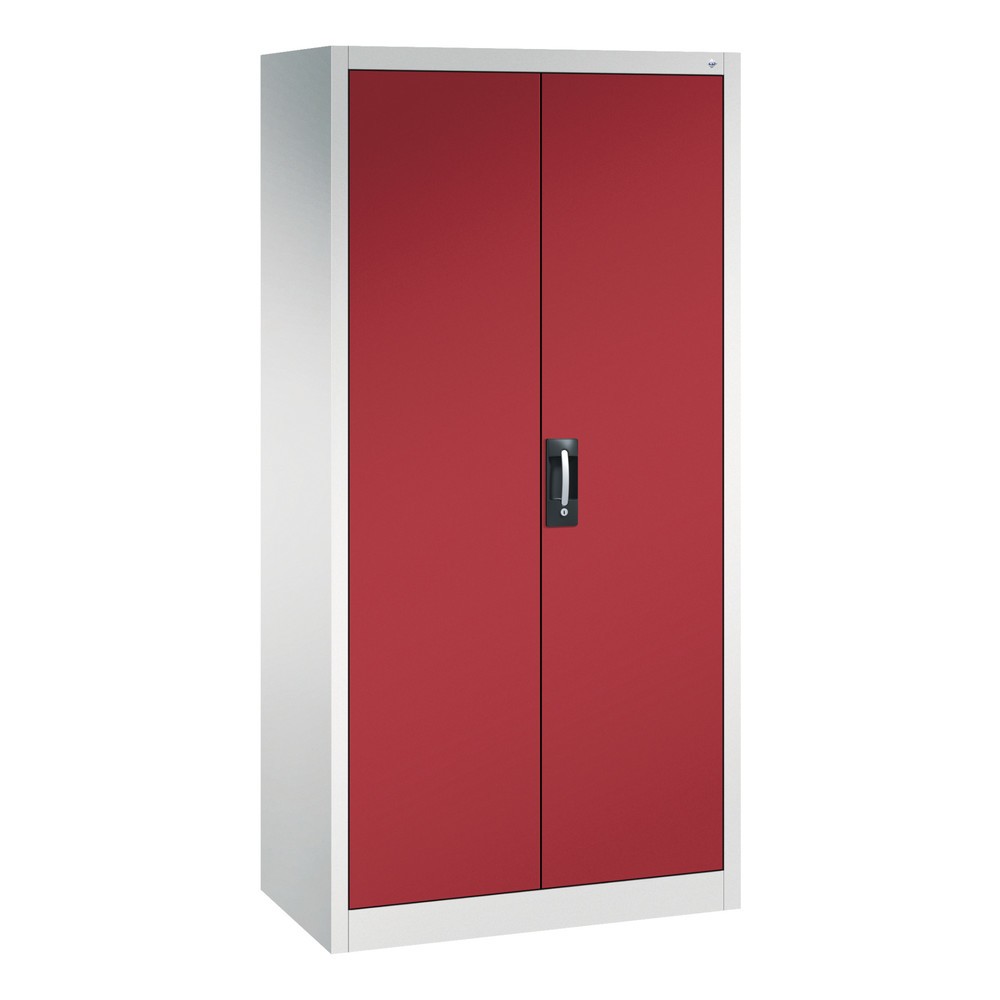 C+P Werkstatt-Flügeltürschrank mit Mittelwand + 8 Fachböden, HxBxT 1.950 x 930 x 500 mm, lichtgrau, rubinrot