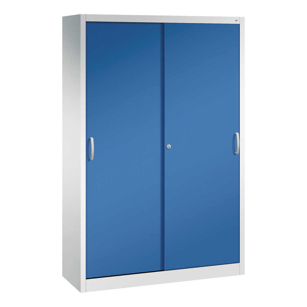 C+P Werkstatt-Schiebetürenschrank mit 4 Fachböden, HxBxT 1.950 x 1.200 x 400 mm, lichtgrau, enzianblau