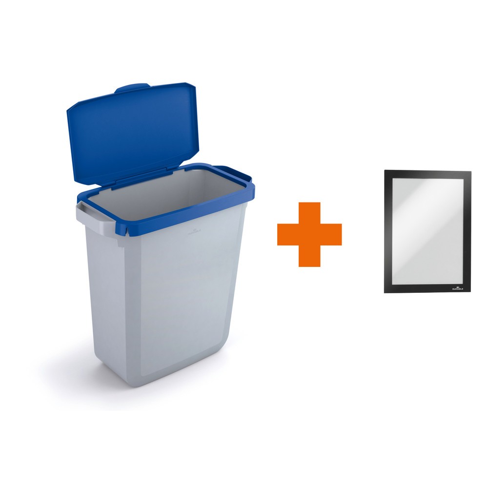 DURABLE Abfallbehälter DURABIN® 60L mit Klappdeckel + Info-Rahmen DURAFRAME®, blau