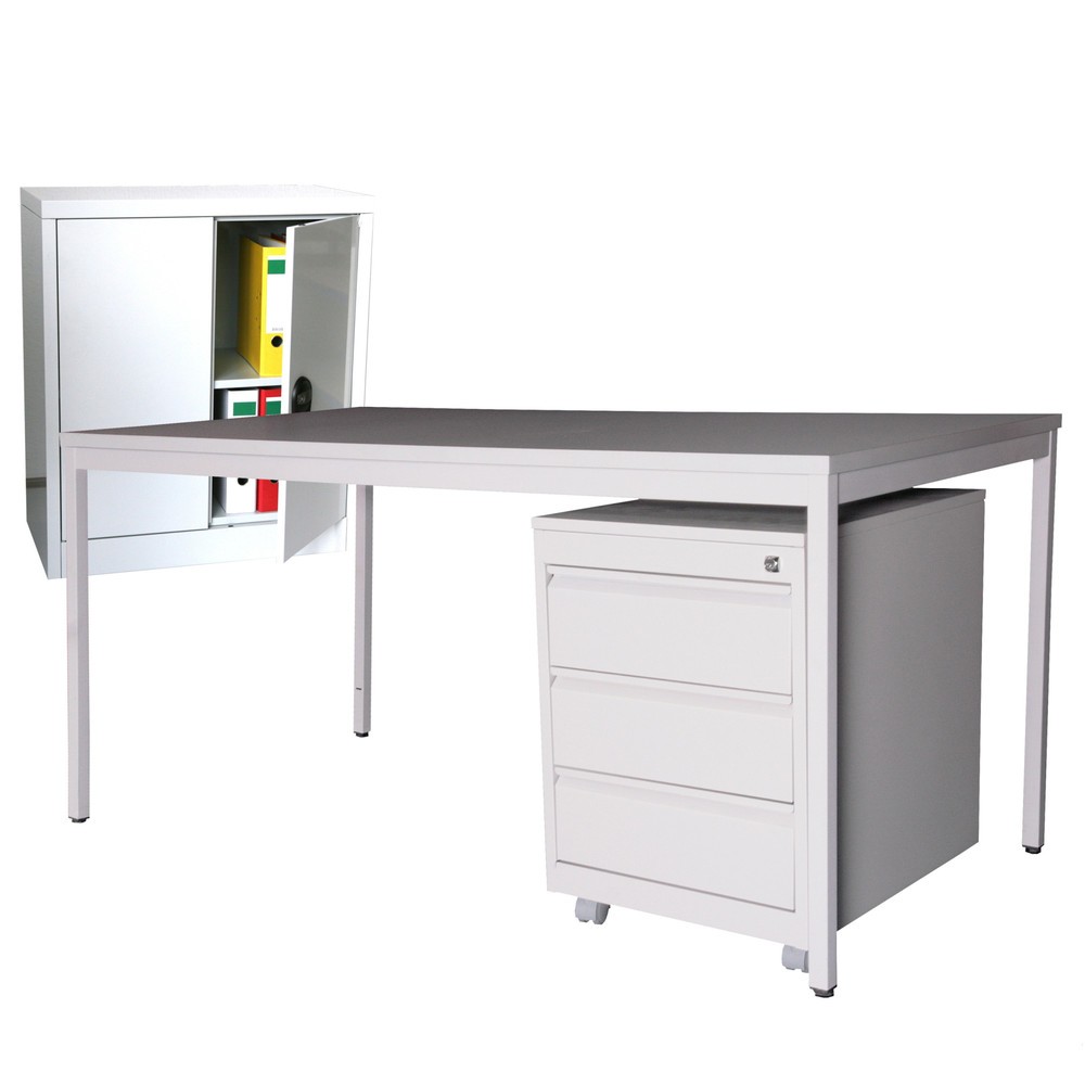 Produktabbildung: Einrichtungs-Set, Schreibtisch LxB 1.200 x 800 mm inkl. Rollcontainer + Beistellschrank HxB 900 x 800 mm, lichtgrau