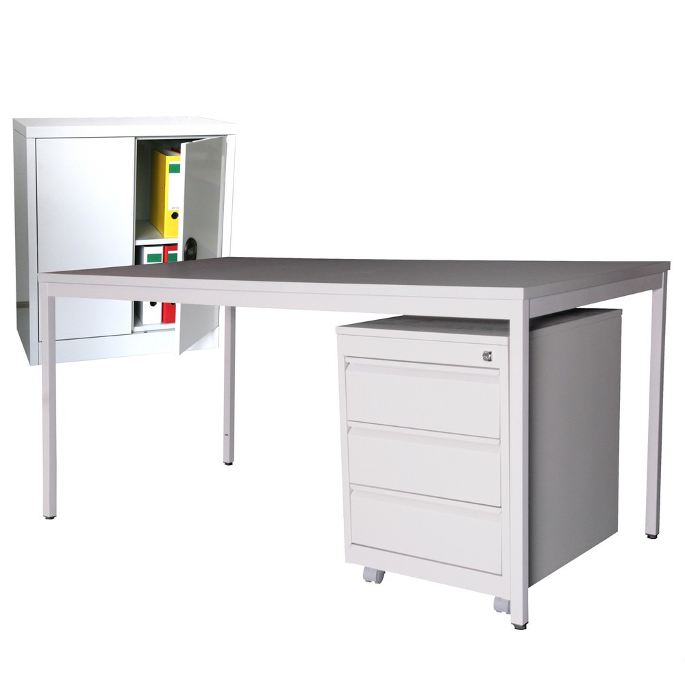 Einrichtungs-Set, Schreibtisch LxB 1.800 x 800 mm inkl. Rollcontainer + Beistellschrank HxB 900 x 800 mm, lichtgrau