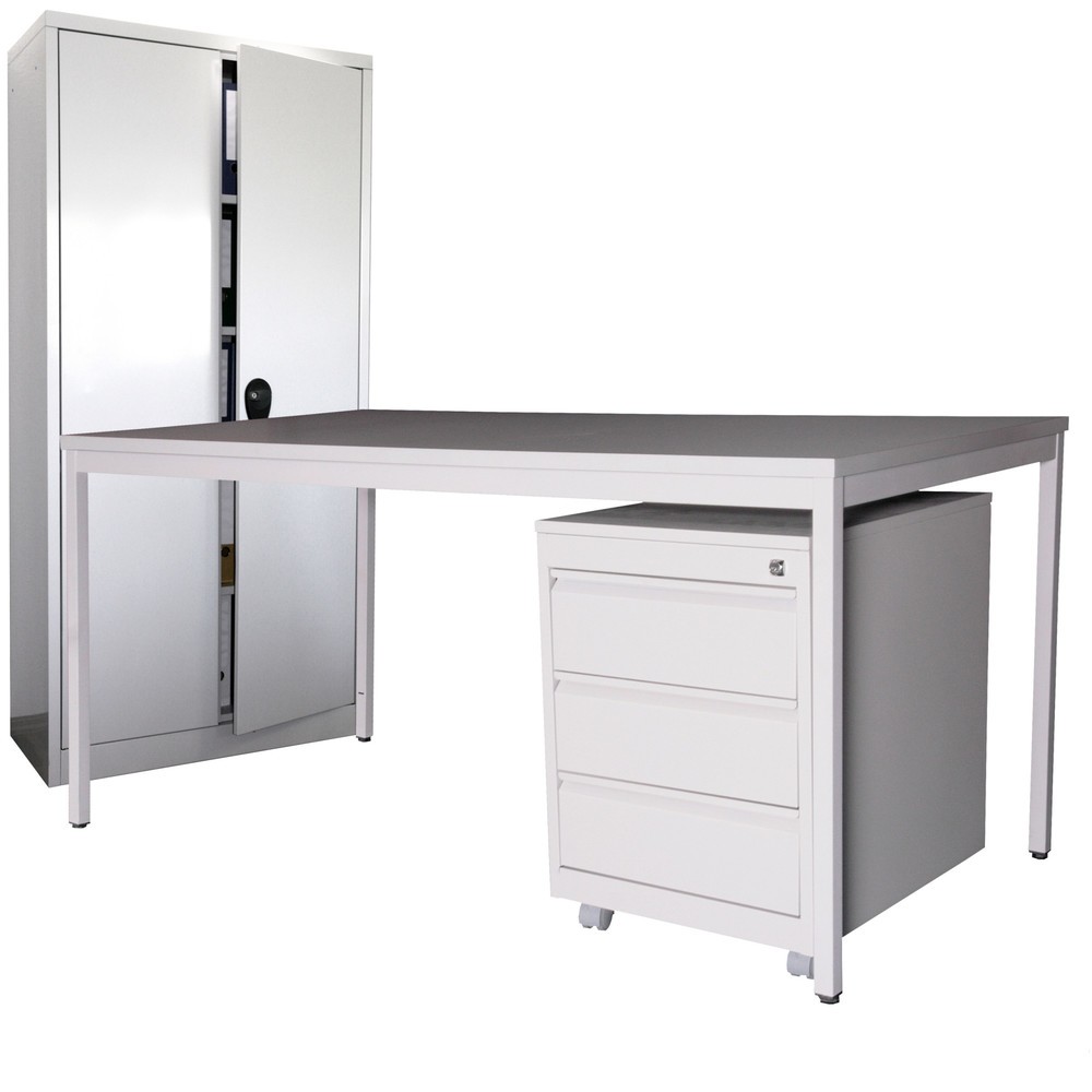 Einrichtungs-Set, Schreibtisch LxB 1.800 x 800 mm inkl. Rollcontainer + Flügeltürschrank HxB 1.800 x 800 mm, lichtgrau