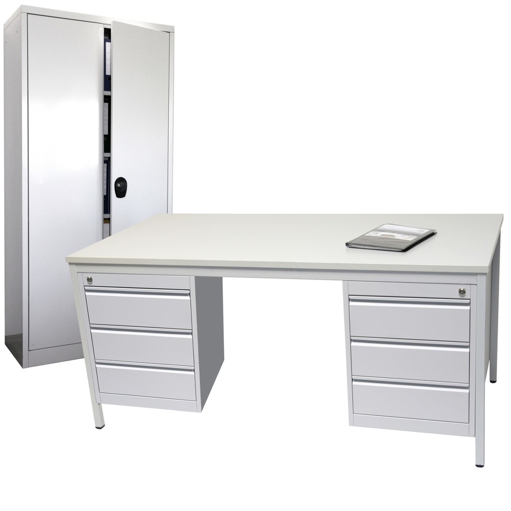 Einrichtungs-Set, Schreibtisch LxB 1.800 x 800 mm inkl. 1x Unterbauschrank + Flügeltürschrank HxB 1.800 x 800 mm, lichtgrau