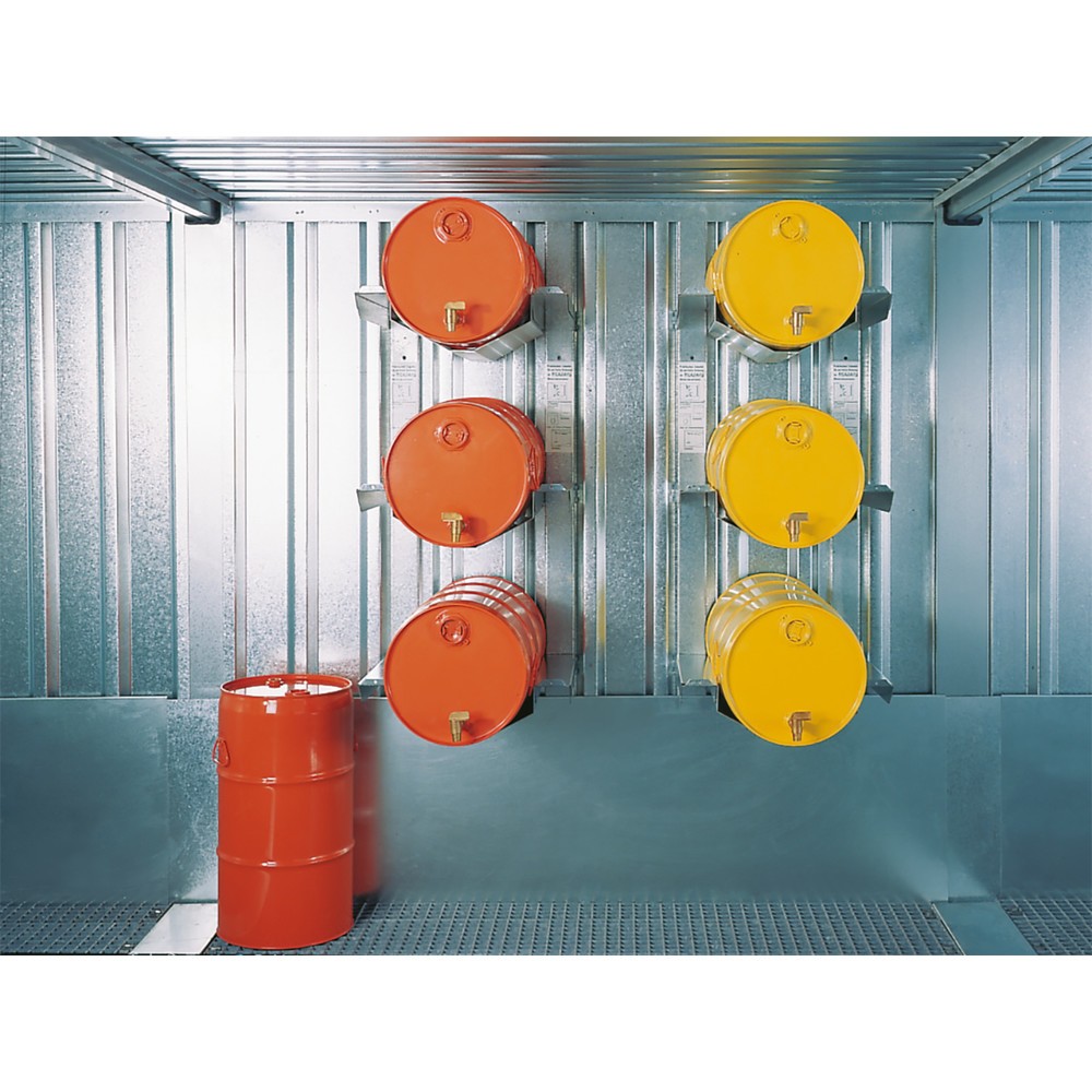 Fassregal für 3x 50/60L Fässer, liegende Lagerung für SAFE Tank Gefahrstoffcontainer