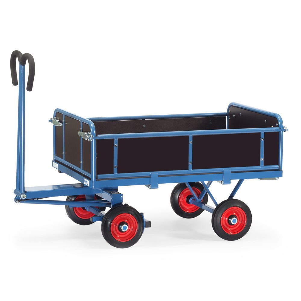 fetra® Handpritschenwagen mit 3 abklappbaren Wänden, Ladefläche 800 x 1.200 mm, TK 700 kg, Vollgummi-Bereifung