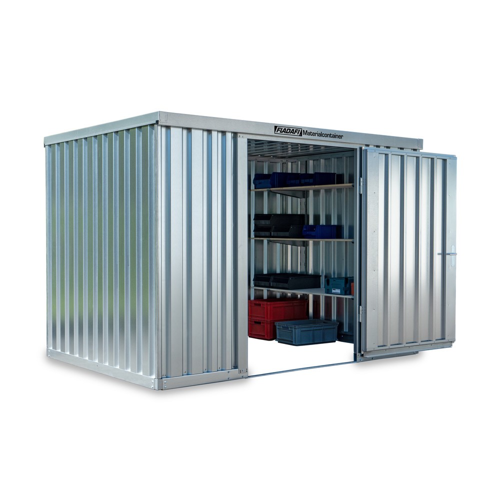 FLADAFI® Materialcontainer 6m², verzinkt, zerlegt, ohne Boden, Maße außen 3050x2170x2115 mm, Einzelflügeltür, mittig in Stirnseite