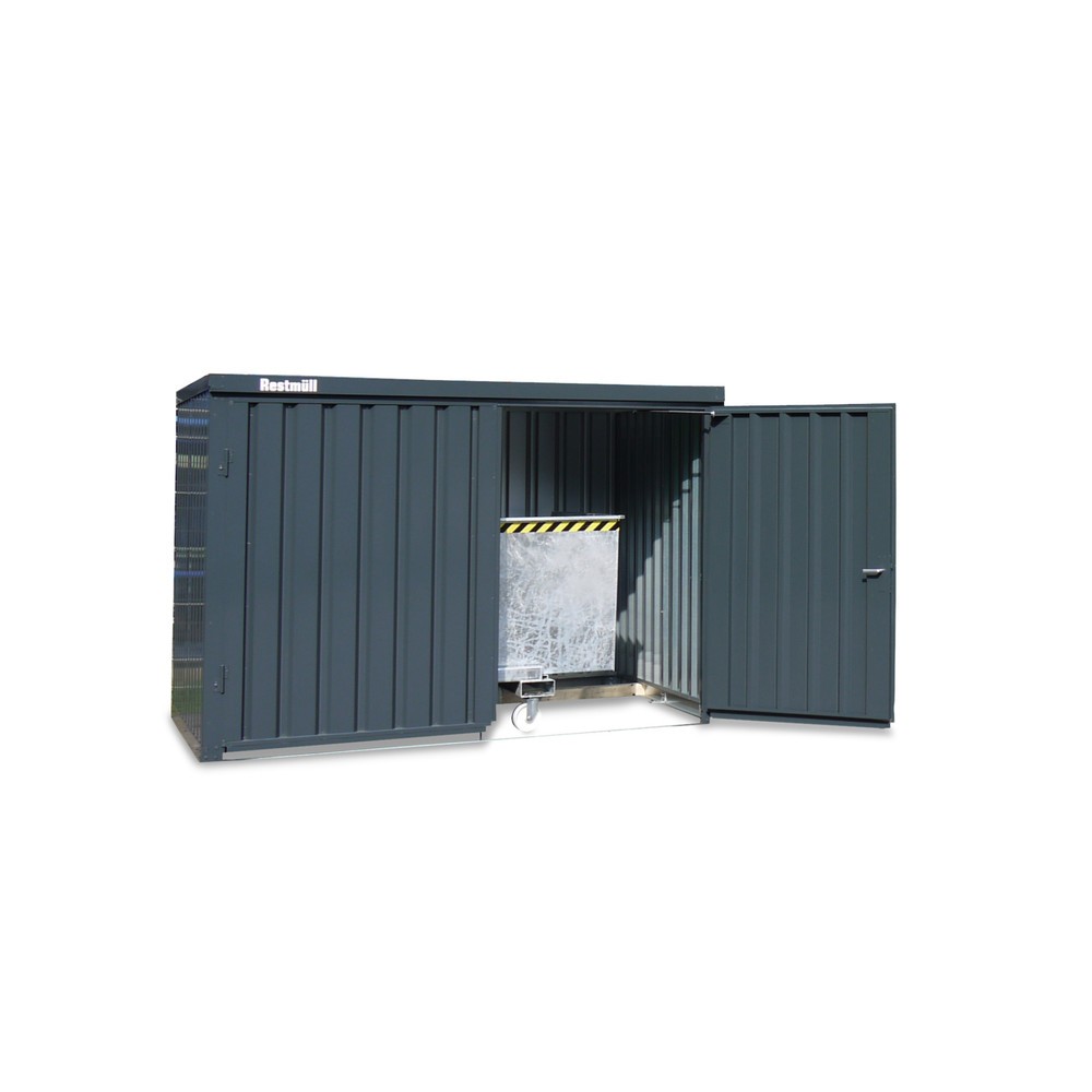 FLADAFI® Materialcontainer 8m², verzinkt, zerlegt, ohne Boden, Maße außen 4050x2170x2115 mm, Doppelflügeltür (asymmetrische Teilung), mittig in Breitseite, Zusatztür