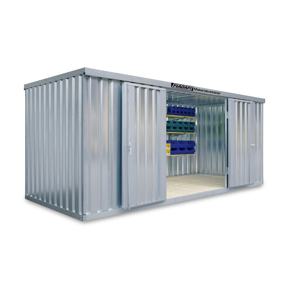 FLADAFI® Materialcontainer 10m², verzinkt, zerlegt, mit Holzfußboden, Maße außen 5080x2170x2150 mm, Doppelflügeltür (asymmetrische Teilung), mittig in Breitseite, Zusatztür