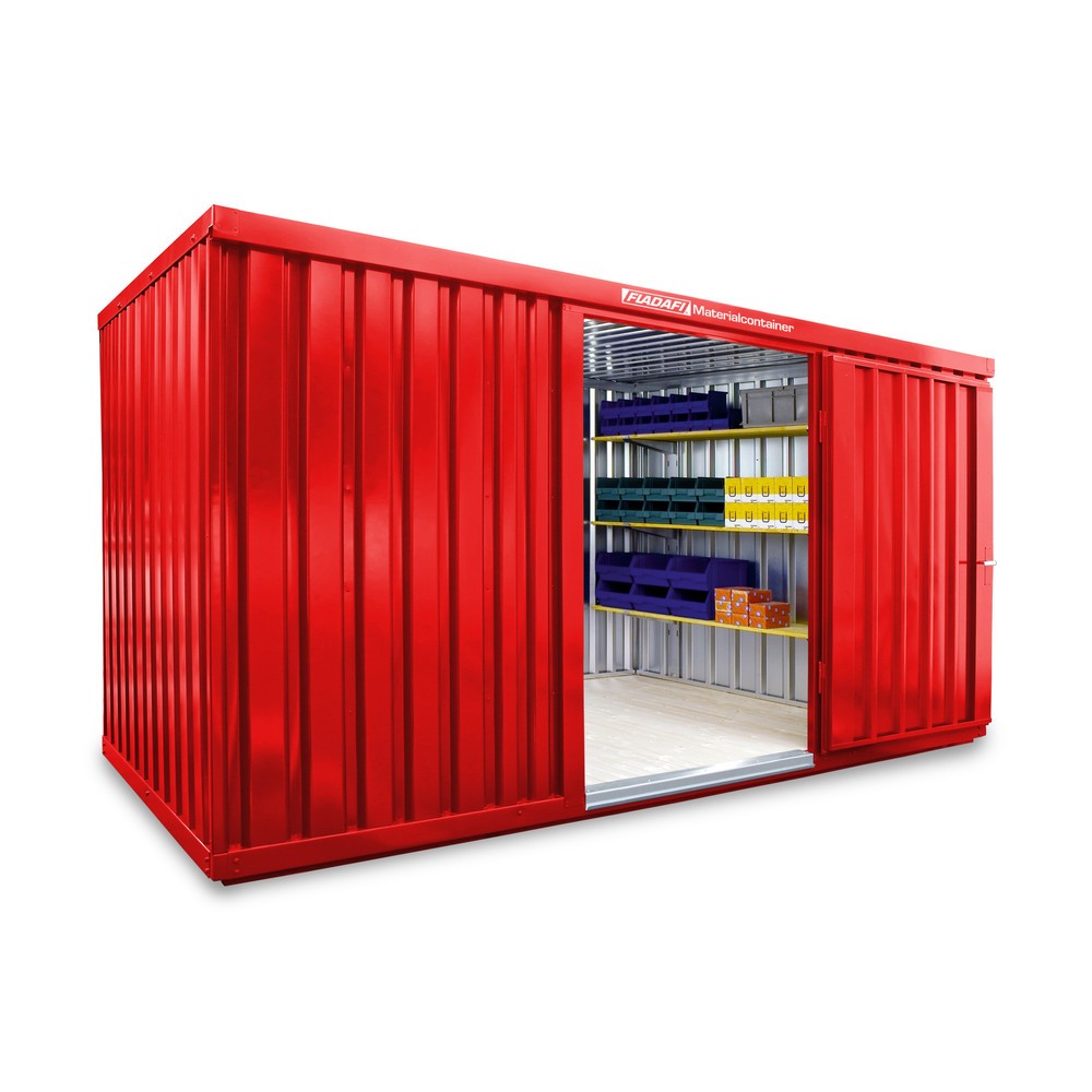 FLADAFI® Materialcontainer Einzelmodul, HxBxT 2.150 x 4.050 x 2.170 mm, montiert, Holzfußboden, lackiert, feuerrot