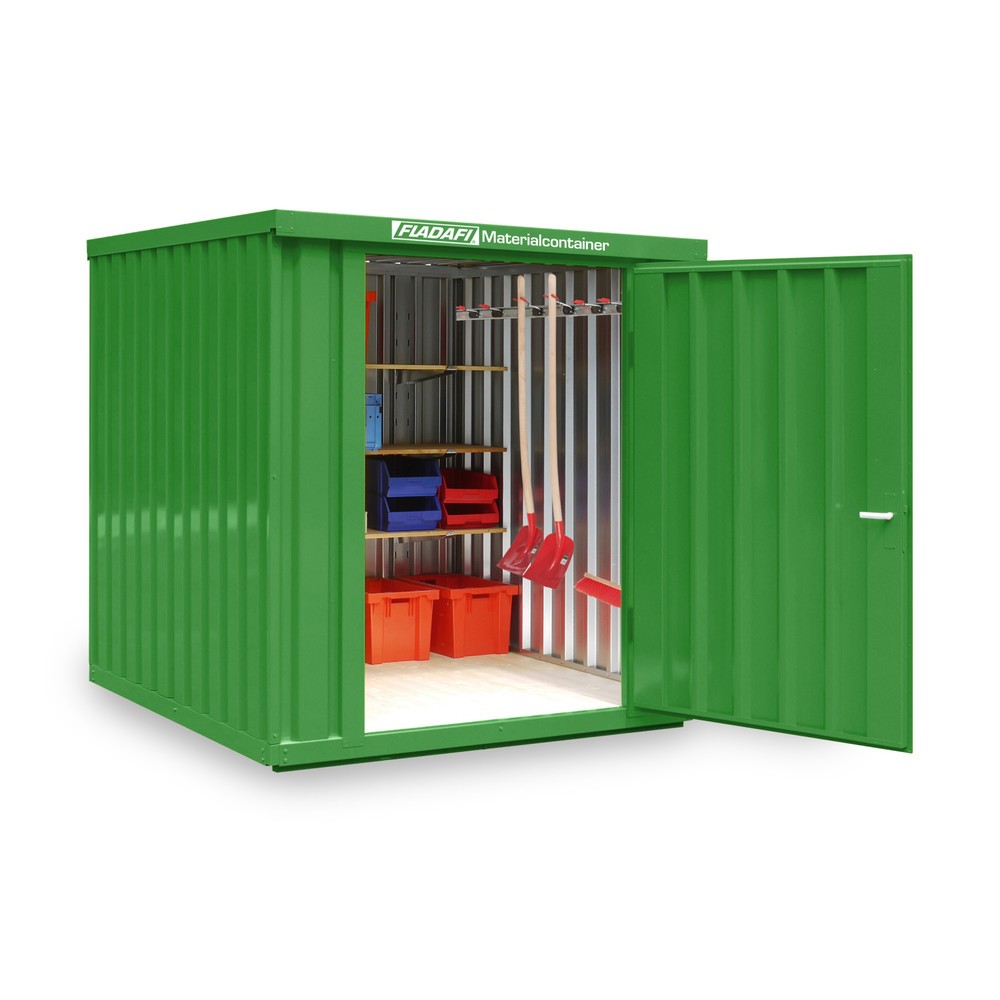 FLADAFI® Materialcontainer Einzelmodul, HxBxT 2.150 x 2.100 x 2.170 mm, montiert, Holzfußboden, lackiert, grasgrün