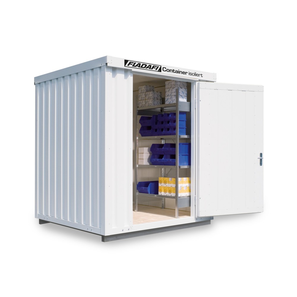 FLADAFI® Materialcontainer 4m², isoliert, mit isoliertem Boden, Maße außen 2100x2170x2500 mm, Einzelflügeltür, mittig in Breitseite