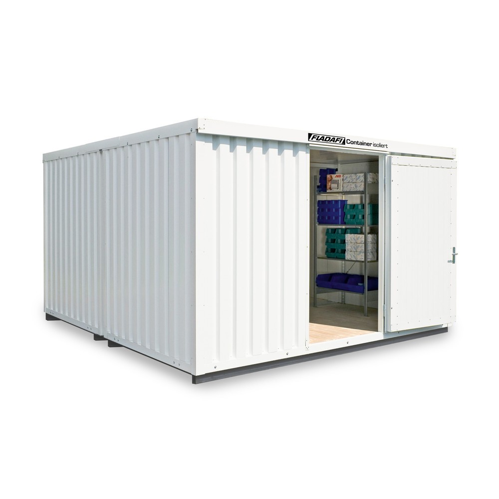 FLADAFI® Materialcontainer-Kombination 16m², isoliert, mit isoliertem Boden, Maße außen 4050x4340x2500 mm, Einzelflügeltür, mittig in Stirnseite