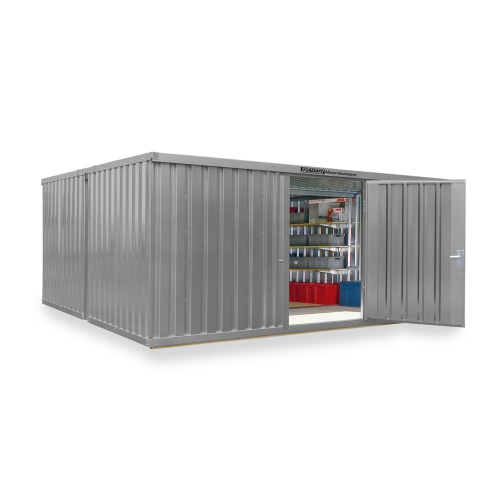 FLADAFI® Materialcontainer Kombination, 2 Module, HxBxT 2.150 x 5.080 x 4.340 mm, vormontiert, Holzfußboden, lackiert, lichtgrau