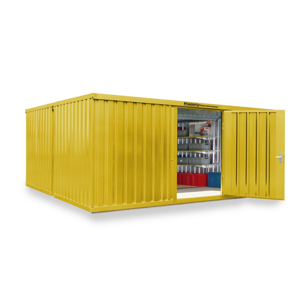 Produktabbildung: FLADAFI® Materialcontainer Kombination, 2 Module, HxBxT 2.150 x 5.080 x 4.340 mm, vormontiert, Holzfußboden, lackiert, signalgelb