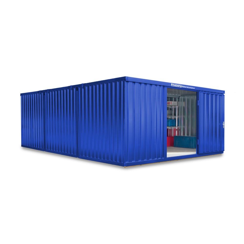 FLADAFI® Materialcontainer Kombination, 3 Module, HxBxT 2.150 x 4.050 x 6.520 mm, vormontiert, Holzfußboden, lackiert, enzianblau