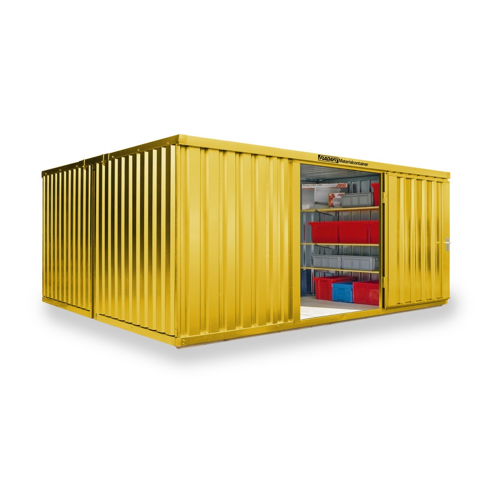 FLADAFI® Materialcontainer Kombination, 2 Module, HxBxT 2.150 x 4.050 x 4.340 mm, vormontiert, Holzfußboden, lackiert, signalgelb