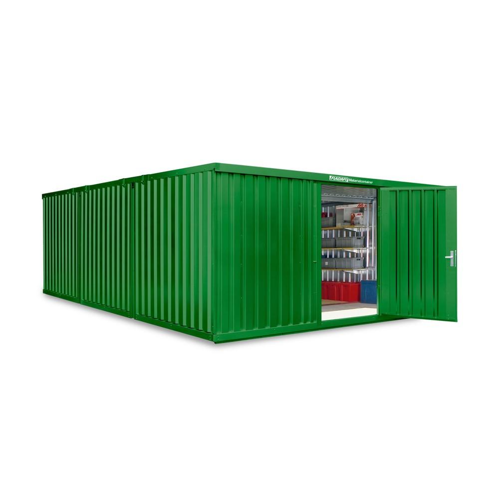 FLADAFI® Materialcontainer Kombination, 3 Module, HxBxT 2.150 x 5.080 x 6.520 mm, vormontiert, Holzfußboden, lackiert, grasgrün