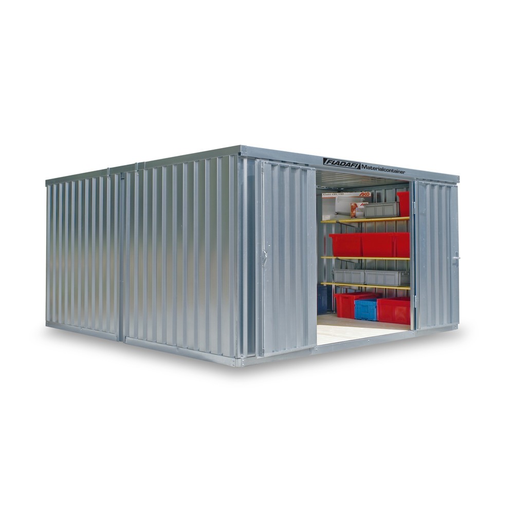 FLADAFI® Materialcontainer-Kombination 12m², zerlegt, ohne Boden, Maße außen 3050x4340x2115 mm, Einzelflügeltür, mittig im Modul