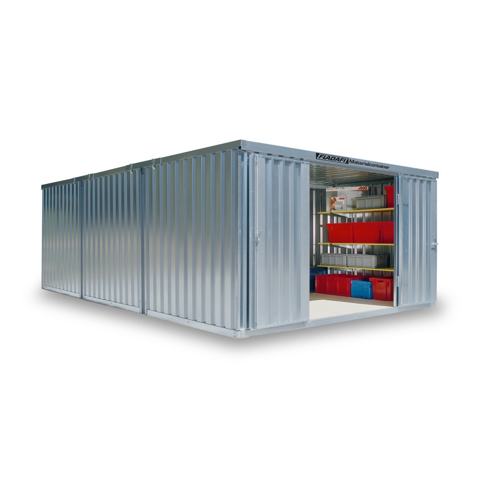 FLADAFI® Materialcontainer-Kombination 25m², zerlegt, ohne Boden, Maße außen 4050x6520x2115 mm, Doppelflügeltür (asymmetrische Teilung), mittig im Modul