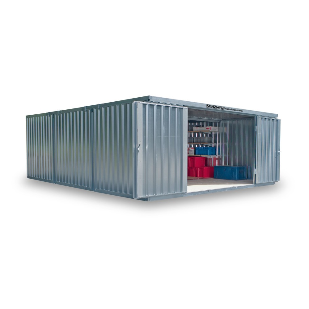 FLADAFI® Materialcontainer-Kombination 32m², zerlegt, ohne Boden, Maße außen 5080x6520x2115 mm, Doppelflügeltür (asymmetrische Teilung), mittig in Stirnseite